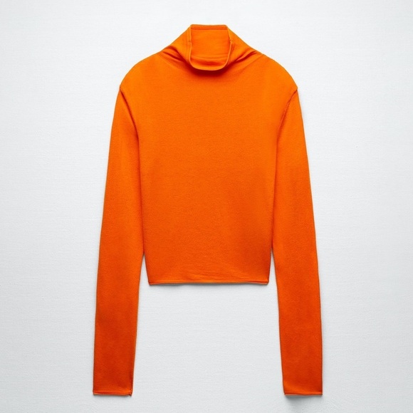NWT. Zara Orange Ruched Shoulders Knit High Collar Sweater. Size S. - Picture 5 of 8